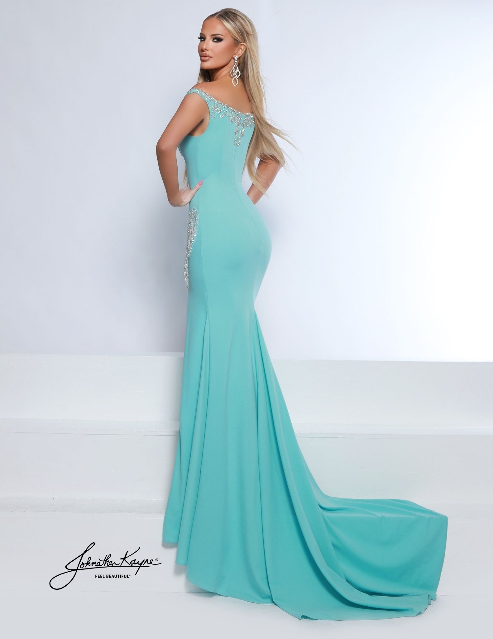 Back view of aqua sky blue fit and flare gown with sweeping train and crystal detailing - show-stopping dress for pageant or red carpet.